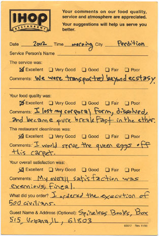 IHOP customer comment card.